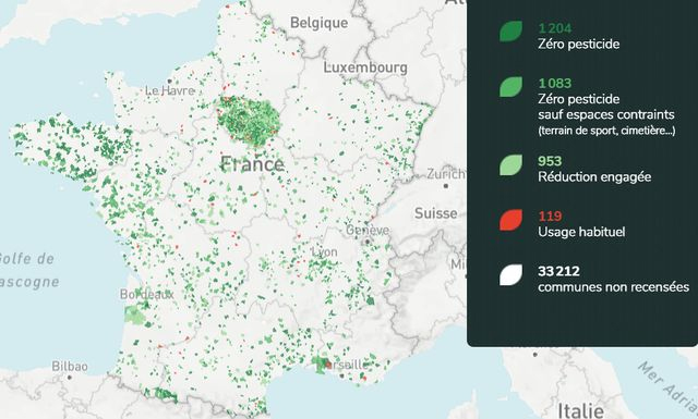 Un site recense 1204 communes qui ne pulvérisent plus de pesticides chimiques dans les espaces publics. / villes-et-villages-sans-pesticides.fr / Capture d'écran