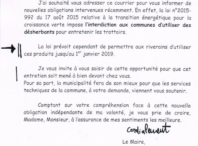 Le courrier adressé par le maire de Richelieu à ses administrés, en octobre 2017. / Capture d'écran / generations-futures.fr